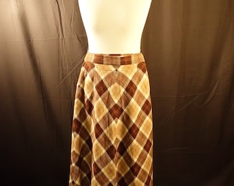 NOS Vintage Long Wool Skirt Scottish Tartan Plaid Brown Beige Fall Winter Maxi Skirt High Waist Size Waist 61 cm ; 24''  Made in Scotland