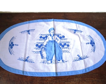 Antiguo francés azul y blanco ovalado bordado a mano Doily estilo granja vintage ropa de cama mesa topper antigua costura europea