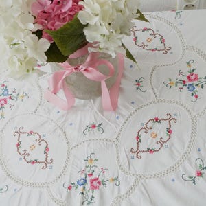 Pretty vintage white tablecloth rich hand embroidered floral décor cotton shabby chic tablecloth Cottagecore style Vintage Textiles Gift