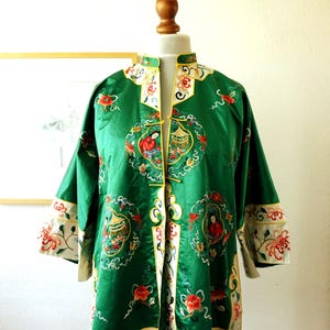 Vintage Chinese Pure Silk Jacket Hand Embroidered Green Floral Silk Shirt Blouse Womens size  S - M