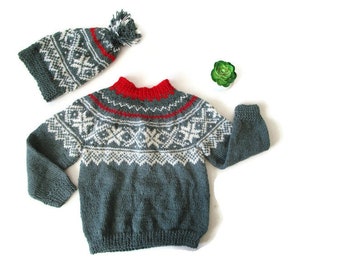 Hand Knitted Baby Jumper and Hat Se t. Scandinavian Nordic Icelandic Wool Sweater Baby Unisex Vintage Style Grey Red White Hand Knitted Gift