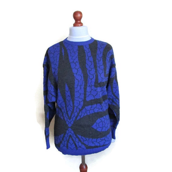 80s Vintage Sweater Womens Blue Black Silk Cashme… - image 2