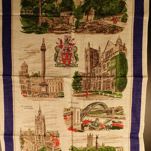 Vintage Linen Tea Towel, Newcastle Upon Tyne, Vintage Kitchen, Vintage linens, Retro Tea towel, Printed  Tea towel, Design by Ulster