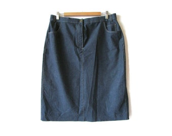 Vintage Indigo Denim Pencil Skirt, Side Pockets, Back Slit (UK 18)