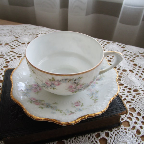 Antique SILESIA Fine Bone China Tea Cup and Saucer Set Vintage German Fine China Porcelain Coffee Cup White Gold Rim Rose's Floral Pattern