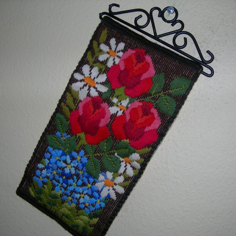 Gorgeous Vintage Handmade Swedish Scandinavian Floral Wall Hanging Hand Stitched Embroidery Country Folk art Home Decor Made in Sweden
