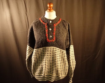 80s Vintage Hand Knitted Norwegian Sweater Nordic Wool Jumper Ski Sweater Grey White Sweater Men's Pullover Menswear Size Large to XL