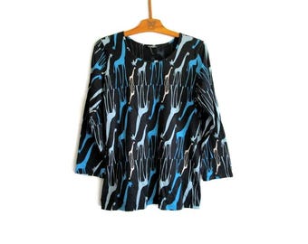 00s Vintage Marimekko Finland Patterned Black Blue Animal Giraffe Top Cotton Long Sleeve T shirt Simple Lightweight Top, Size: M Medium