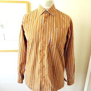 Vintage Marimekko Finland Striped Blouse Blue Orange Brown Button Up Shirt Jokapoika Piccolo . Cotton Summer Shirt . Size (unisex) Men&#39;s XS