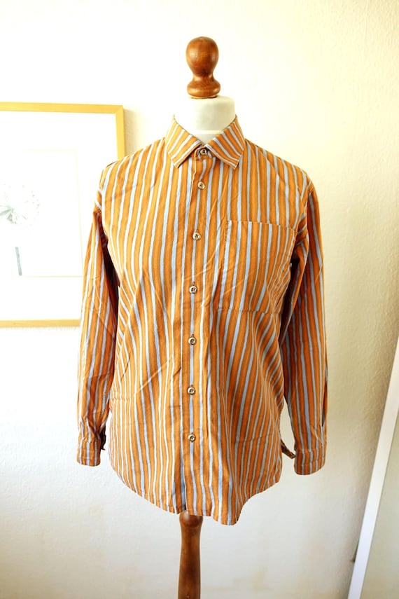 Vintage Marimekko Finland Striped Blouse Blue Orange Brown
