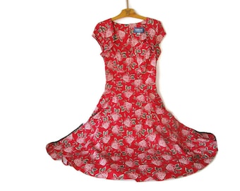 Vintage Red Floral Cotton Dress, Full Skirt - Size S