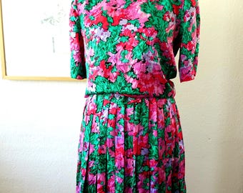Completo due pezzi con camicetta e gonna in seta 100%, abito da sera formale in seta floreale vintage anni '90, rosso, rosa e verde, abito formale anni '80, taglia M da donna