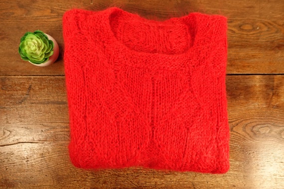 Fabulous MOHAIR Wool Sweater Red Hand Knit Vintag… - image 9