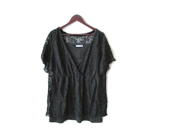 90s Black Lace Top Vintage Semi sheer Blouse Floral Lace Blouse Short Sleeve Blouse Boho Top Bohemian Blouse Party Top Size XL Generous