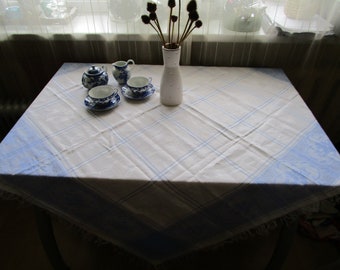 Norwegian Vintage Woven Blue White Cotton Cherub pattern Tablecloth 25" X 26" Table Cover Vtg Table Linens Table Topper Blue White Kitchen