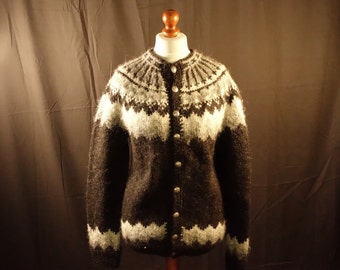 Vintage Icelandic Sweater Cardigan Grey Black White Icelandic Pattern Pure New Wool Sweater Hand Knitted Size Men Small - Medium Gift Idea