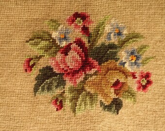 Antique Swedish Roses Embroidery Finished Panel for Pillow making or For Chair Upholstery Floral Hand stitched Needlework Sweden Norway