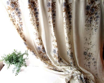 60s Vintage Curtains Pair Floral, each L 149cm x  W 151cm / 58 '' x 59 " Beige White Blue Curtain Panels Retro Curtains Scandinavian Design