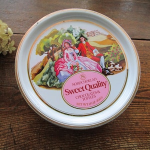 Vintage Swedish Tin Box With Lid Scandinavian Old Tin Can Round Metal Box for Sewing Supplies Sewing Box Cookie Tin Storage Tin White Pink