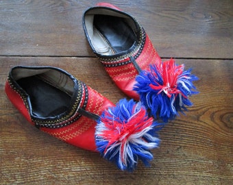 Vintage Old Ethnic Greek Opanke Tsarouhi Childs Folk Shoes Tribal Slippers with Pom Pom and Upturned Toes Hand Made in Greece