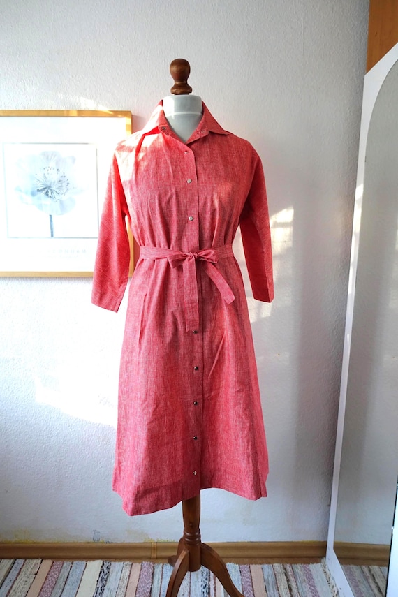 marimekko red dress Vintage 70s Marimekko Shirt Dress Pockets Belted Red Cotton Dress 3/4th Sleeve Button Down Scandinavian Finnish Design Size EU 40 M Medium