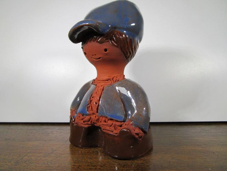 Charming hand made hand painted ceramic Boy figurine Swedish vintage ceramic pottery glazed figurine Blue and brown Collectible figurines