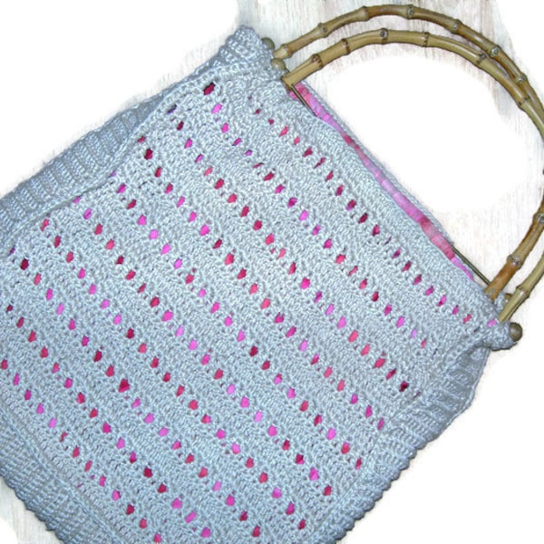 Vintage Crochet Tote Bag With Bamboo Handles Boho Bag Hippie Bag Gift for Her 70s 1970s Crochet Purse Handmade Tote Off White Bamboo Handle