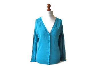 REDUCED PRICE 90s Vintage Turquoise Blue Cardigan Women's Summer Spring Cardigan Long Sleeve Button Up Top Casual Everyday Jacket Size Large