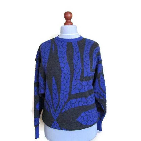 80s Vintage Sweater Womens Blue Black Silk Cashme… - image 1