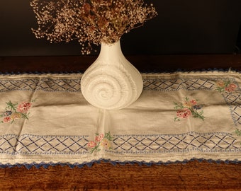 Norwegian Vintage Hand Stitched Cotton Linen Table Runner 12.5" X 28" Blue White Hand Embroidery Table Cover Old Table Linens Table Topper