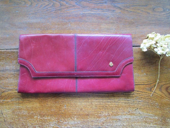 Burgundy Red Real Leather Vintage Purse Clutch Ge… - image 1