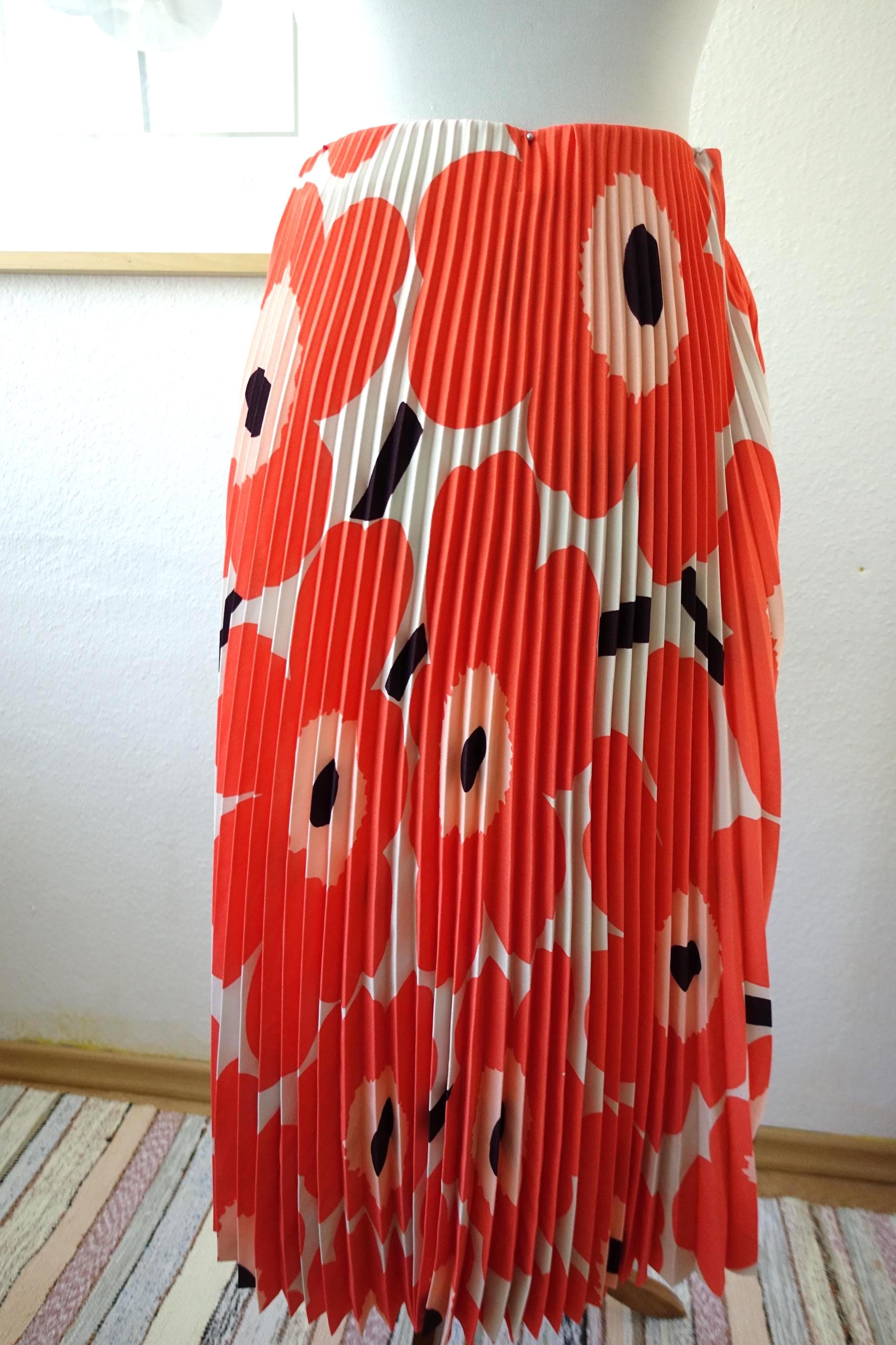 Vtg Marimekko Unikko Pleated Skirt Vintage Orange Large Flowers