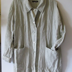 Vintage Pure LINEN Button Down Jacket Blazer Coat With Pockets Women Fitted Long Jacket Lightweight Coat Oatmeal Beige Womens US18 UK22 EU50