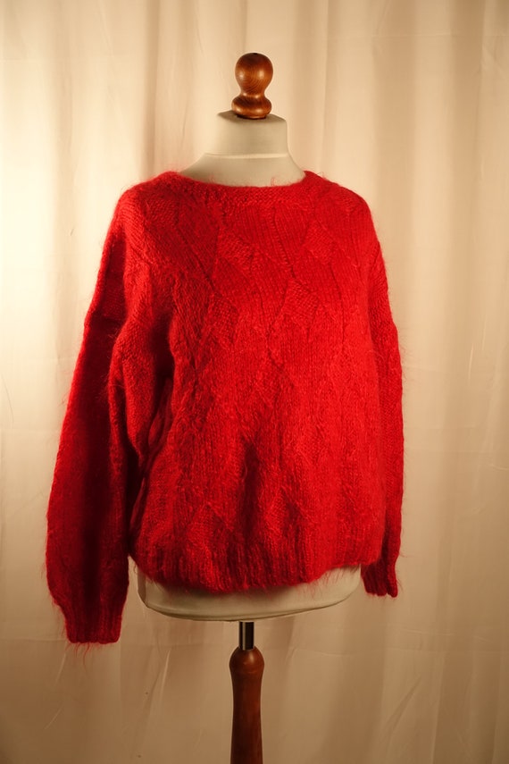 Fabulous MOHAIR Wool Sweater Red Hand Knit Vintag… - image 2