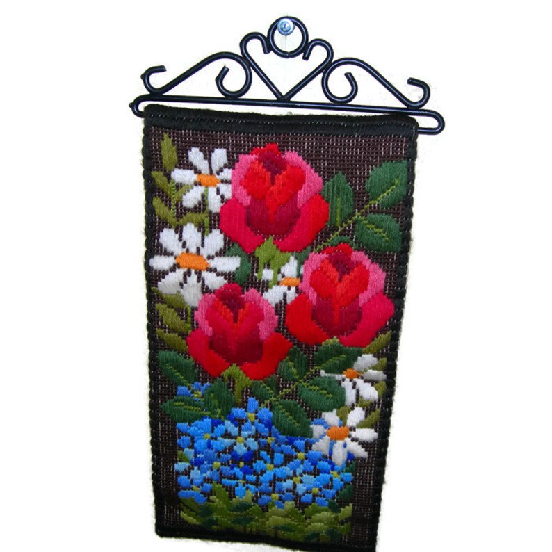 Gorgeous Vintage Handmade Swedish Scandinavian Floral Wall Hanging Hand Stitched Embroidery Country Folk art Home Decor Made in Sweden
