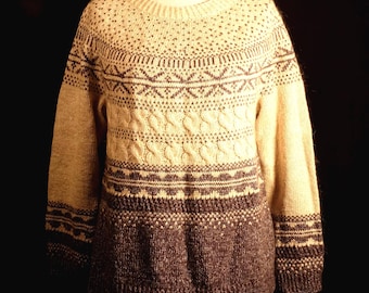Icelandic Pattern Sweater Grey Cream White  Soft Wool Sweater Hand Knitted Jumper Size Women&#39;s Large L, Gift Idea