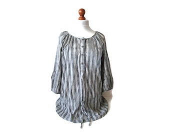 Vintage Marimekko Finland Black White Grey Striped Blouse Button Up Shirt Ruskaraita . Loose Cotton Summer Shirt Tunic. Women's size S - M