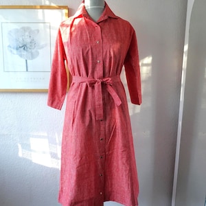 Vintage 70s Marimekko Shirt Dress Pockets Belted Red Cotton Dress 3/4th Sleeve Button Down Scandinavian Finnish Design Size EU 40 M Medium