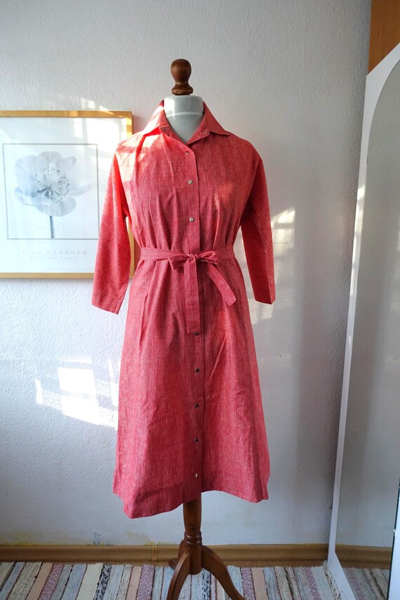 Vintage 70s Marimekko Shirt Dress Pockets Belted Red Cotton Dress