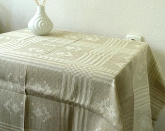 Woven Baltic Linen Tablecloth 77''X 52" Large Size Beige Vintage NOS Floral Double Sided Natural Rustic Kitchen Dining Table Made in Finland