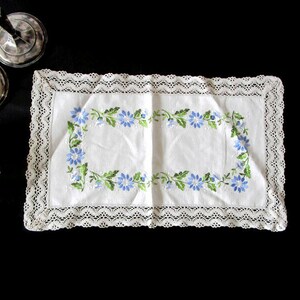 Vintage Swedish Table Topper White Blue Floral Cotton Linen Doily Embroidered Napkin Wedding Shabby Chic Farmhouse style Home Decor Gift