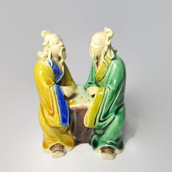 Doppel Vintage chinesische Mudman FigurIne Sammlerstück Asiatische Kunst Keramik Shekwan Schlammmann Paar Figur Home Dekor