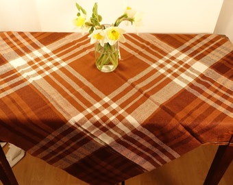 Brown Plaid Tablecloth Scandinavian Finnish Vintage Small Tablecloth Farmhouse Style MCM Retro Kitchen Table Linens  89cm X 89cm /35''