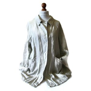 Vintage Pure LINEN Button Down Jacket Blazer Coat With Pockets Women Fitted Long Jacket Lightweight Coat Oatmeal Beige Womens US18 UK22 EU50 image 9