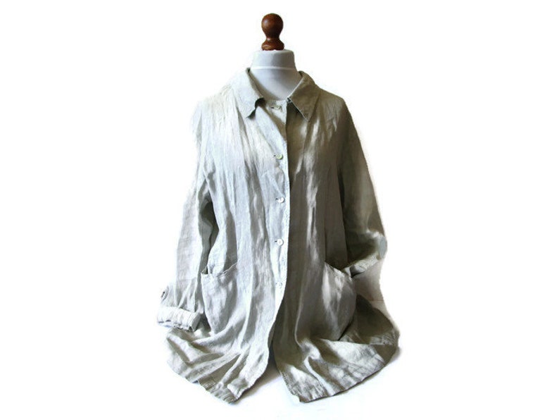 Vintage Pure LINEN Button Down Jacket Blazer Coat With Pockets Women Fitted Long Jacket Lightweight Coat Oatmeal Beige Womens US18 UK22 EU50 image 9