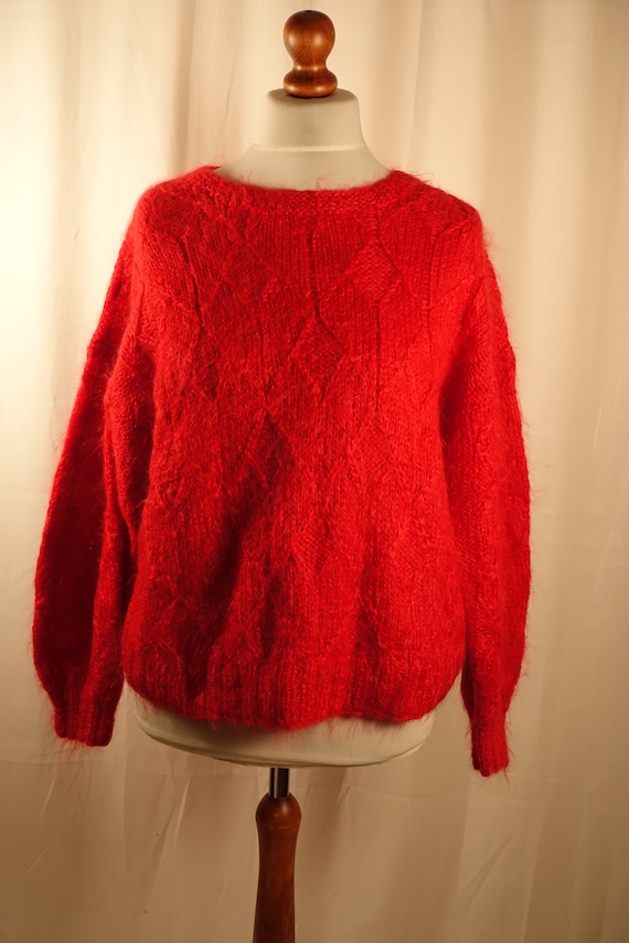 Fabulous MOHAIR Wool Sweater Red Hand Knit Vintag… - image 6