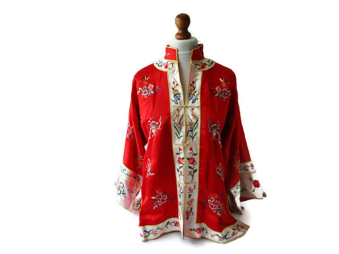 Vintage Chinese Silk Jacket Hand Embroidered Red White Floral Silk