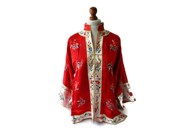 Vintage Chinese Silk Jacket Hand Embroidered Red … - image 1