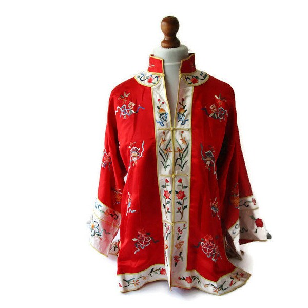 Veste en soie chinoise vintage brodée à la main chemise en soie florale rouge blanc taille unisexe homme ou femme taille moyenne M