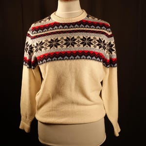 Vintage Norwegian style Jumper Blue White Icelandic Style Wool Blend Knitted Sweater Warm Winter Pullover Size Women&#39;s S Small